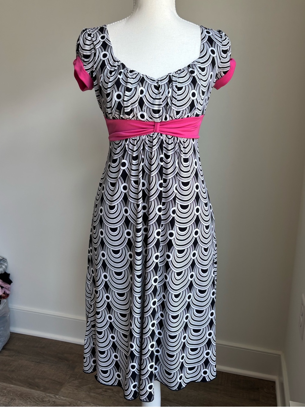 Vintage Y2K Black & White Geometric Print Empire Waist Dress with Hot Pink Trim